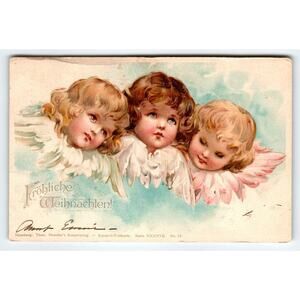Christmas Postcard Three Angels Cherubs Blue Skies Clouds Undivided Back Antique